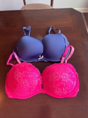 Victoria's Secret Navy and Hot Pink Lace Bra Duo 34DD